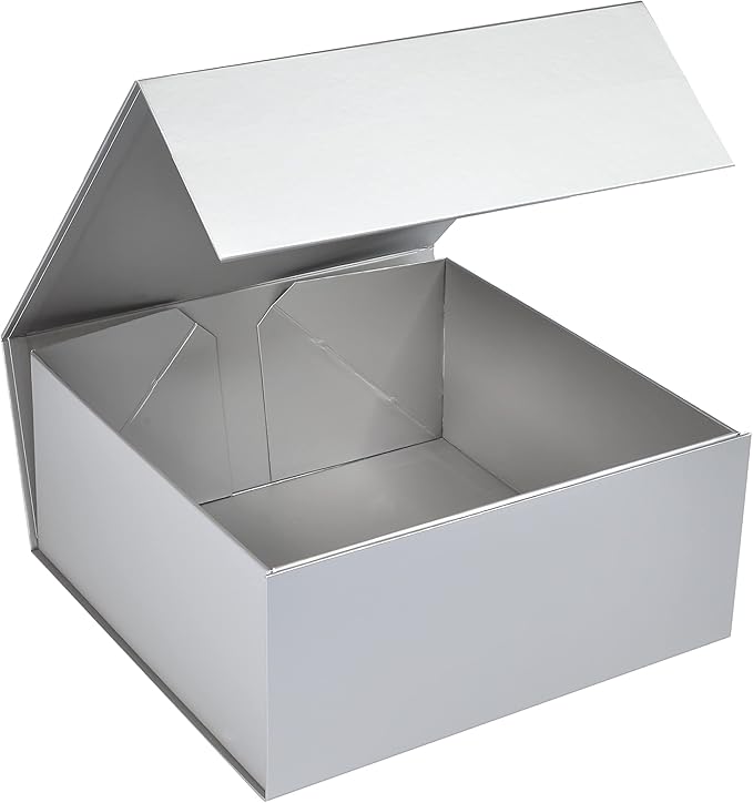 CECOBOX - Gift Boxes with Lids for Presents 8"x8"x3.1" - Matte, Collapsible Magnetic Closure Gift Box - Groomsmen & Bridesmaid Proposal Boxes, Wedding, PR, Birthdays, Holidays (Silver)