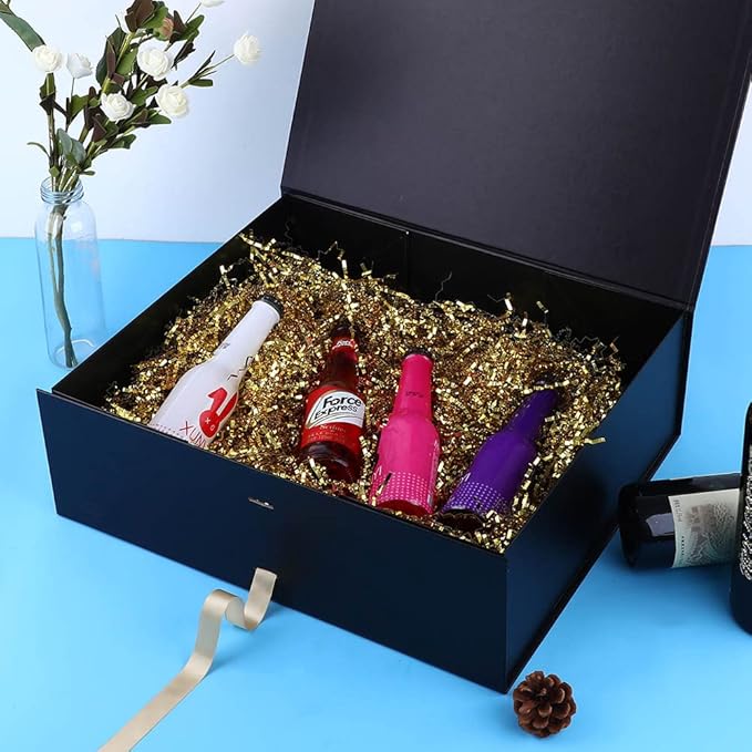 Black Extra Large Gift Boxes with Ribbon 16x14x5.3 Inches Gift Boxes with Lid Magnetic Closure, Groomsman Proposal Boxes, Rectangle Collapsible Boxes for Large Gifts (Matte Black)