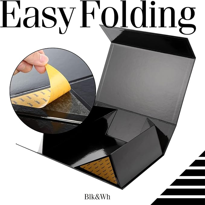 BLK&WH 6 Collapsible Groomsman Boxes, 13.5x9x4.1 Inches, Large Black Gift Boxes with Lids, Glossy Black with Grass Texture