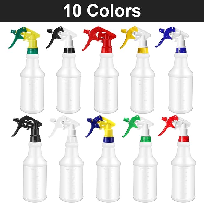 Eccliy 20 Pack 16oz Empty Spray Bottles, Leakproof Cleaning Bottles with Measurement and Adjustable Nozzle for Housekeeping, Commercial Use(Cylinder,10 Colors Spray Head)