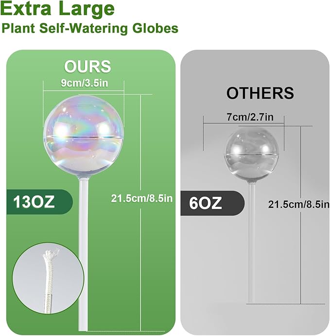 4PCS Extra Large Plant Watering Globes 13 oz Up to 2 Weeks, Light Iridescent Glass Self Water Bulbs for Indoor Outdoor Plants, Vacation Automatic Planter Waterer System Self-Watering Stakes