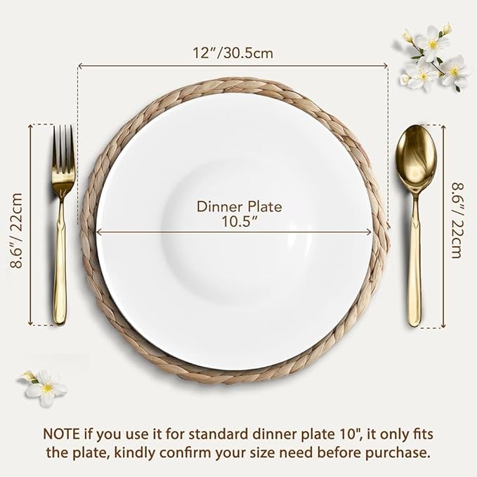 Natural Round Placemats Set of 10, 12 inch Woven Placemats, Herringbone Pattern, Table Mats Braided Heat Proof, Farmhouse Boho Table Place Mat Ourdoor Wicker Chargers for Dinner Plates