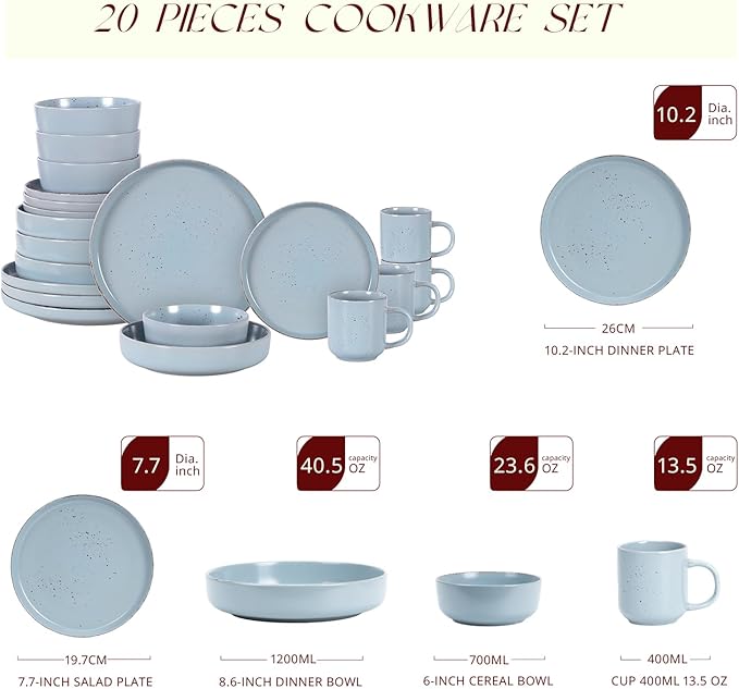 HomeVSS 20-Piece Dinnerware Set - Serves 4, Shiny Turquoise Glaze plates and bowls sets with Speckle Effect for Microwave & Dishwasher Safe