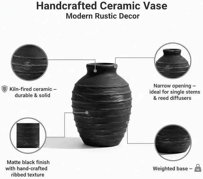 6.6-Inch Black Ceramic Flower Vase, Rustic Farmhouse Boho Pottery Decor for Table, Living Room & Shelf
