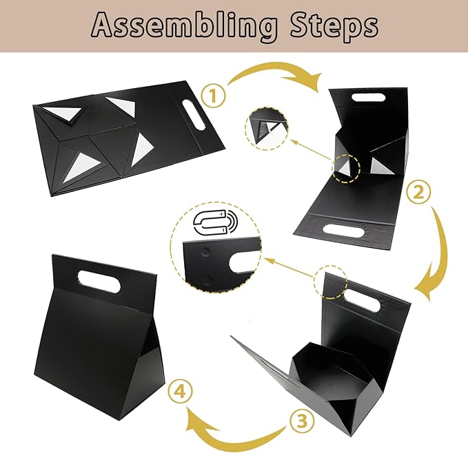 opaprain 9X6X4.3inch Portable Premium Folding Gift Box with Handles - Reusable Elegant Storage Solution for Birthdays, Weddings, Corporate Events, Eco Friendly Compact Design (Black)