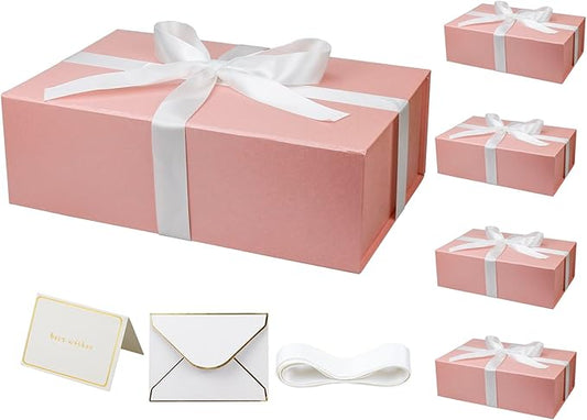 YINUOYOUJIA 5 Pack Large Pink Gift Boxes with Lid,14"x9"x4.5" Magnetic Gift Box with Ribbon,Cards and Envelopes for Presents,Great for Wedding,Birthdays,Crafting,Gift Packaging.