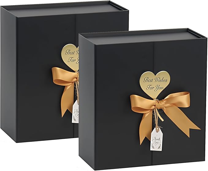 CHARMGIFTBOX 7x7x3 Inch Gift Boxes with Lids, 2 Pack Small Black Gift Box with Ribbon Card Fancy Gift Wrap Boxes for Festival Anniversary Groomsmen Proposal Weddings Boyfriend Father's Day