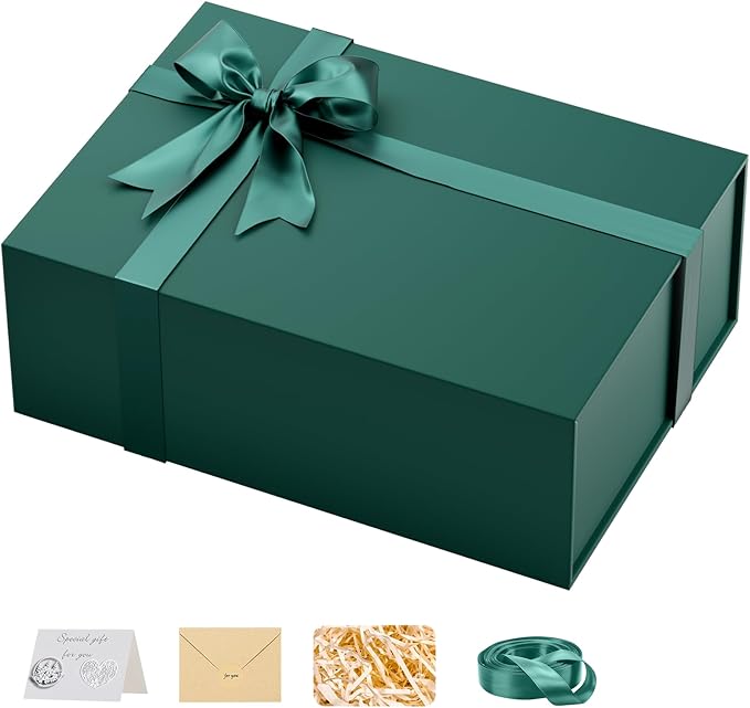 HongCai printing Large Gift Box with Lids Green: 13.5×10×5 Inches Packaging with Magnetic Lid - Holds Christmas Birthdays Holiday Gifts - Ideal for Couples Friends Family