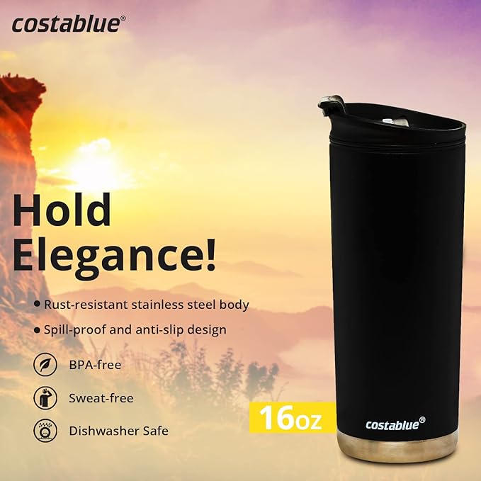 Venezuela Vacuum Insulated Stainless Steel Thermal Travel Mug, 16 oz, Easy Clean, Flip leak Proof Lid Venezuelan Flag with Icons from Caracas