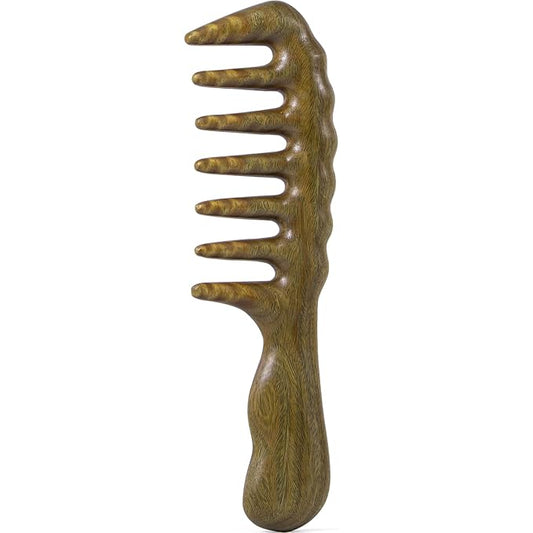 Thicken Wooden Wide Tooth Comb, Large Natural Sandalwood Hair Combs for Curls, Women and Men, Detangles Long Thick Wet or Dry Hair, Head Scalp Massager, Anti-static (Green Sandalwood)