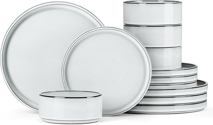 Onader Stoneware Dinnerware Sets, 12 Piece Plates and Bowls Dish Sets for 4, Ceramic Dishware Dining Ware with Rustic Terracotta Bottom - Glacier White