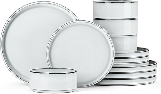 Onader Stoneware Dinnerware Sets, 12 Piece Plates and Bowls Dish Sets for 4, Ceramic Dishware Dining Ware with Rustic Terracotta Bottom - Glacier White