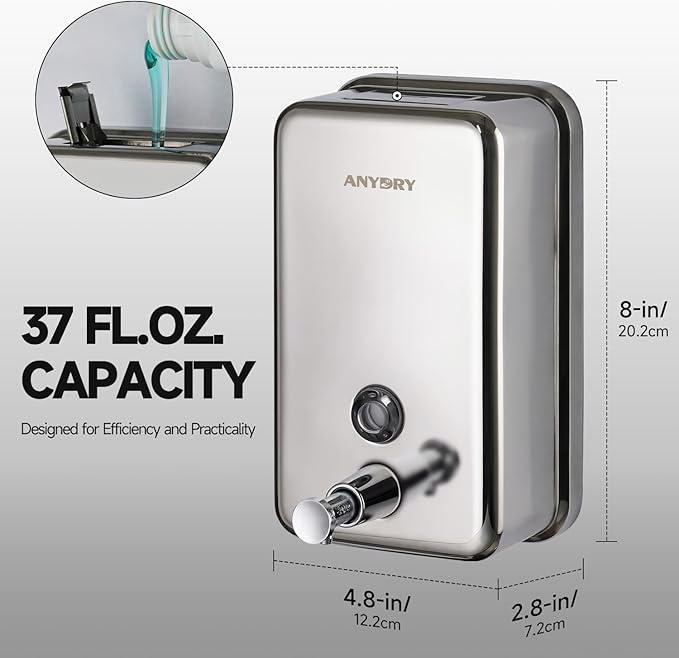Commercial Soap Dispenser Wall Mount, Polished Stianless Steel Finish Manual Soap Dispenser - 37oz (1100ml) Model 1003