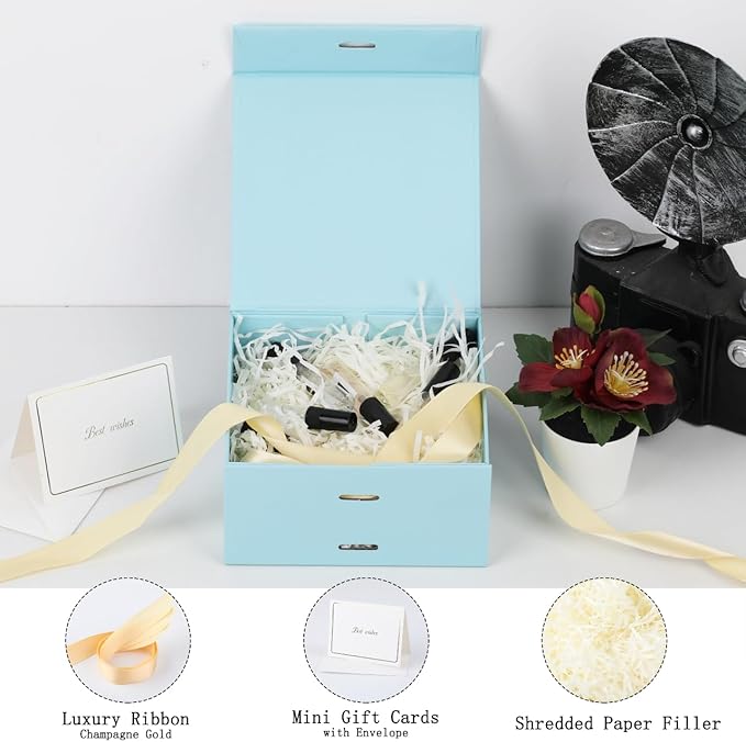 Skivra Blue Gift Box with Ribbon - 1 Pack, 6x6x3 Inch Small Collapsible Luxury Box with Lid, Magnetic Closure, Rectangle, Wedding Gifts, Shredded Paper Filler & Card