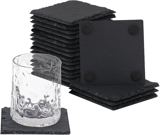 20 Pack 4 Inch Square Slate Coasters,Black Stone Coasters with Anti-Scratch Bottom, Ideal for Home Decor, Bar, Housewarming Gifts, and Laser Engraving KUKLIPJIM