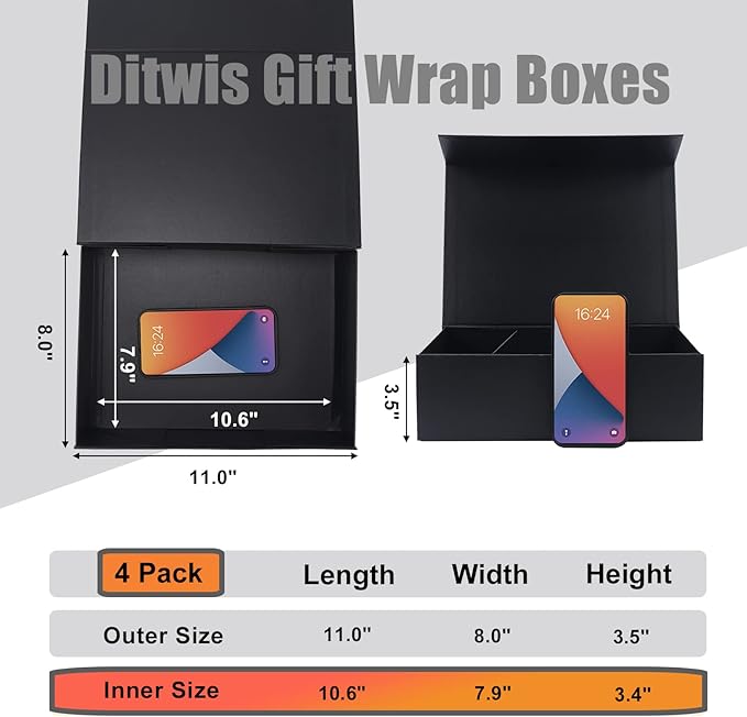 4 Pack 11x8x3.5 Inches Gift Boxes with Magnetic Closure Lids, Black Magnetic Box for Wedding, Groomsmen Bridesmaid Proposal, Birthdays, Mother's Day