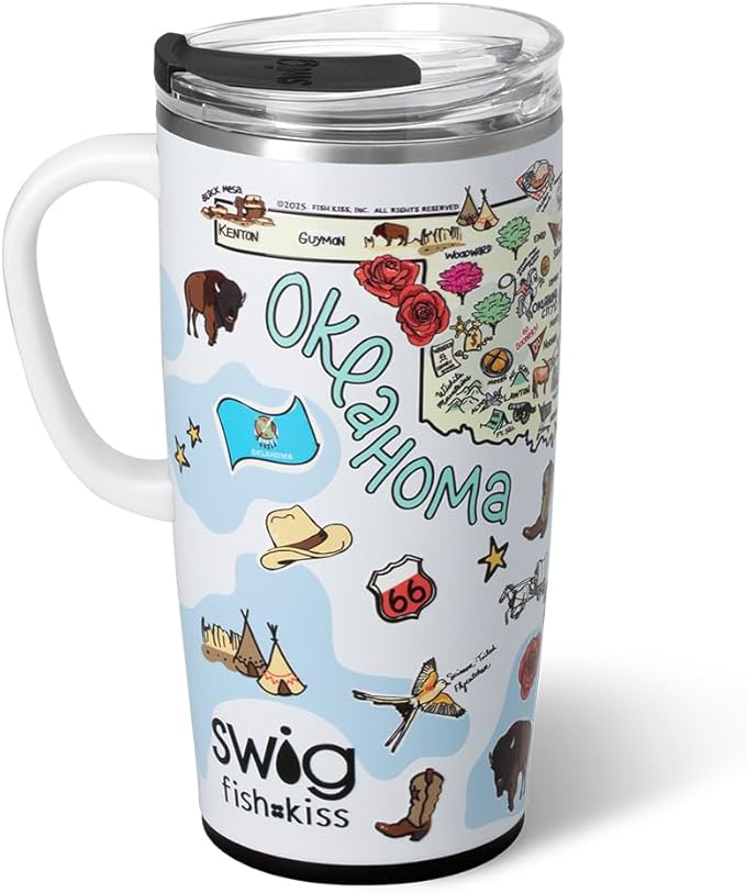 Swig Life 22oz Travel Mug, Insulated Tumbler with Handle and Lid, Travel Coffee Mug, Cup Holder Friendly, Stainless Steel 22 oz Tumbler, Reusable Insulated with Lid (Oklahoma)
