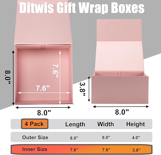 4 Pack 8x8x4 Inches Gift Boxes with Magnetic Closure Lids, Pink Magnetic Box for Wedding, Groomsmen Bridesmaid Proposal, Birthdays, Mother's Day