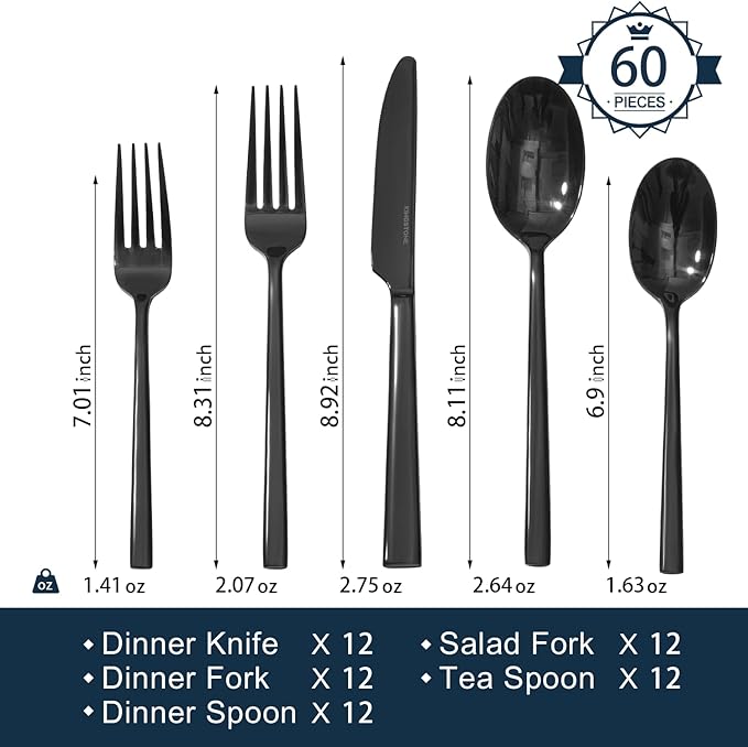KINGSTONE Black Silverware Set, 60-Piece Forged Flatware Set Cutlery Set Premium Stainless Steel, Service for 12, for Kitchen, Home, Wedding, Party, Mirror Polished and Dishwasher Safe