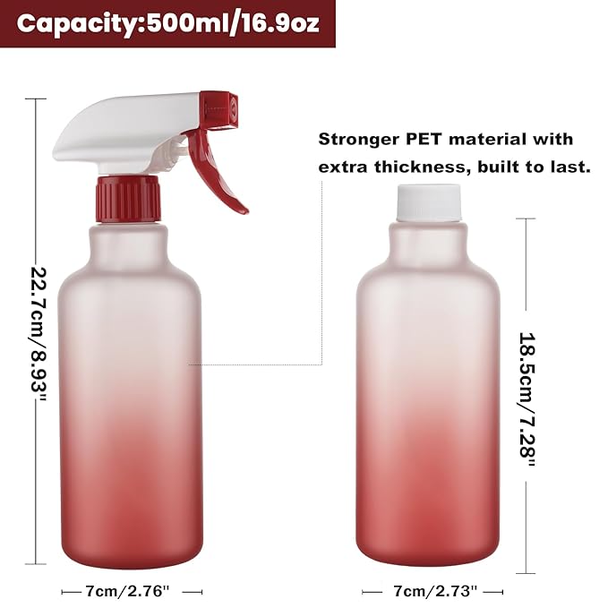 Spray Bottles 16.9oz/500ml Plastic Spray Bottle for Hair Mist/Stream Empty Spray Bottle Heavy Duty Refillable Containers for Cleaning Solutions, Plants Gradient 2 Pack (Red)