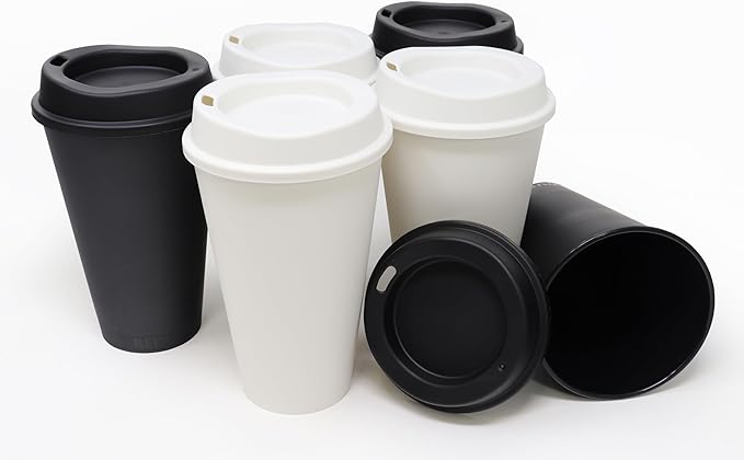 Rolling Sands USA Made 16 oz Reusable Coffee Cups with Lids 6 Pk, To Go Travel Cups, Hot or Cold Drinks, Dishwasher and Microwave Safe, Black and White Mix