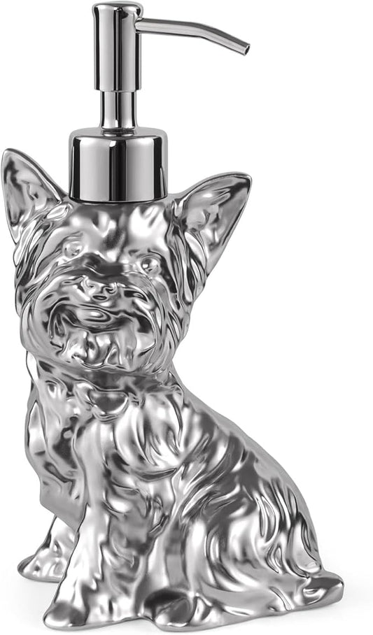 Yorkshire Terrier Shaped Soap/Lotion/Hand Sanitizer Dog Lover Stainless Steel Pump Dispenser for Dog Gifts, Refillable for Kitchen and Bathroom(Silver)