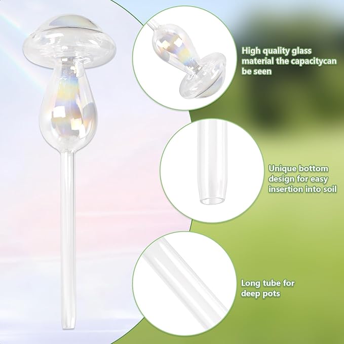 Plant Watering Globes- 4Pcs Iridescent Rainbow Glass Water Bulbs Mushroom Self Watering Spikes Planter Insert Automatic Plant Watering Bulbs Devices for Indoor and Outdoor Plants