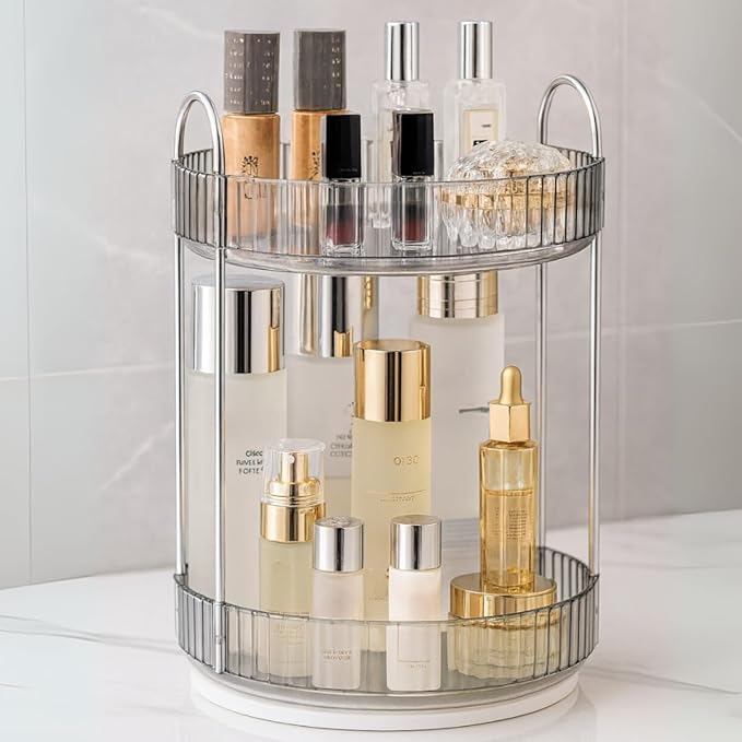 360° Rotating Makeup Organizer – 2-Tier Spinning Cosmetic Holder for Vanity, Countertop, Bathroom & Dresser – Perfume, Skincare & Cosmetic Care Organizer (Clear Grey, 2 Tier)