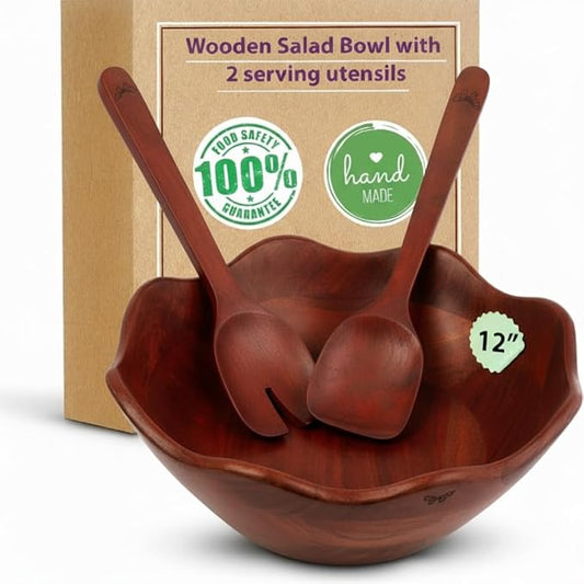 Melvvi Large Wooden Salad Bowl Set – 12" Wood Serving Bowl with 2 Utensils | Mango wood Scratch-Resistant - For Salad, Pasta & Fruits | Great Gift for Christmas (Walnut Brown)