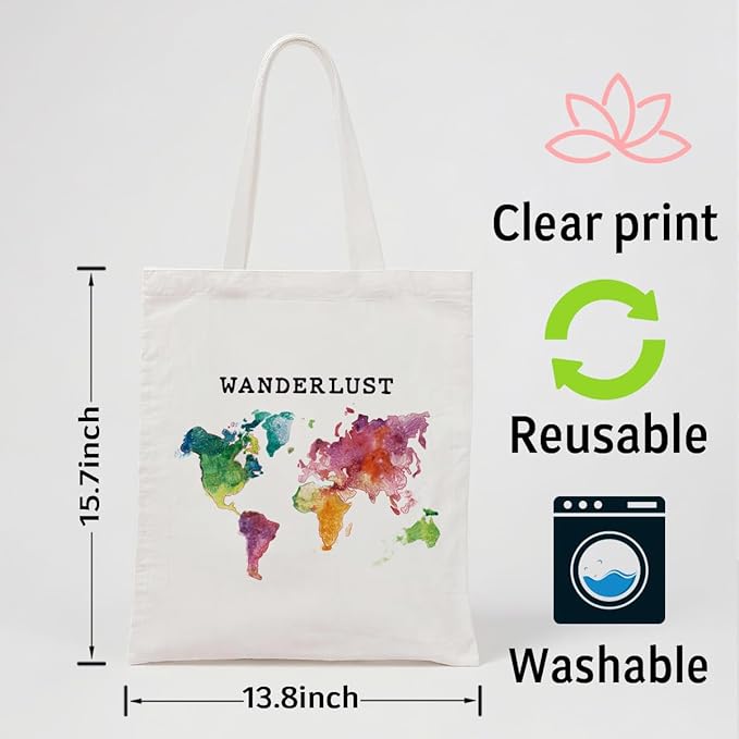 Canvas Tote Bag for Women, Wanderlust Shoulder Tote Bags, Casual Canvas Totes to Work Traveling, Birthday Christmas Gifts to Travel Enthusiasts Friends, Holiday Gift Bags for Wrap Storage