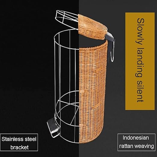 Rattan Round Foot Pedal Trash Can with Lid,Kitchen Wicker Garbage Can Bedroom Retro Office Silent Handwoven Wastebasket (Brown,5L)