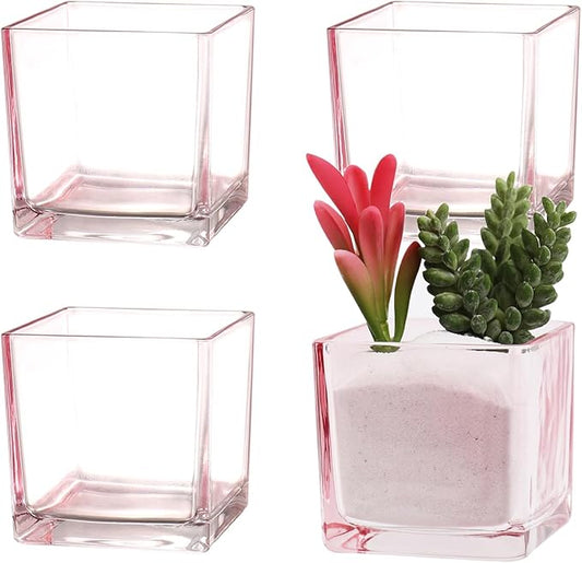 Square Flower Vases Set of 4, 3"x 3"x 3" Glass Vases for Centerpieces, Pink Vase for Flowers, Small Vase for Wedding, Party, Home Office Decoration