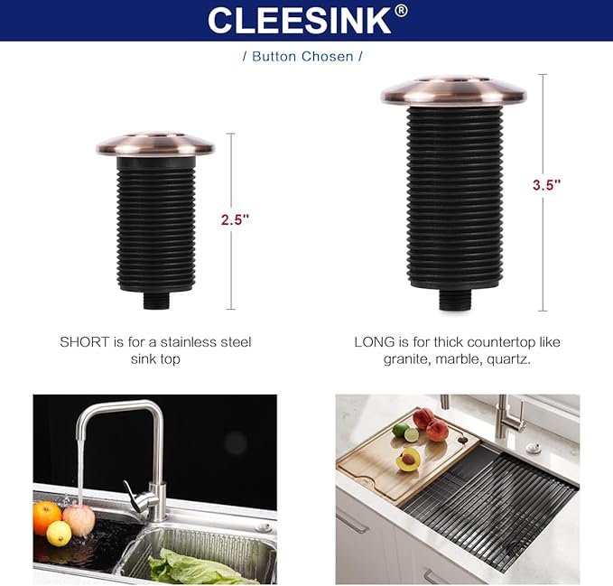 Garbage Disposal Switch, Cordless Air Switch Kit for Food Waste Disposer, Copper Chrome, SHORT 2" Sink Top Push Button by CLEESINK