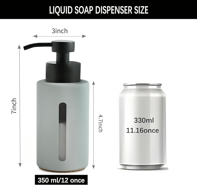Enra Glass Dish Soap Dispenser with Window,12oz Light Gray Soap Dispenser with Stainless Steel Hand Lotion Pump,Refillable Bathroom Soap Dispenser for Bathroom Kitchen(Light Gray/Liquid Type)