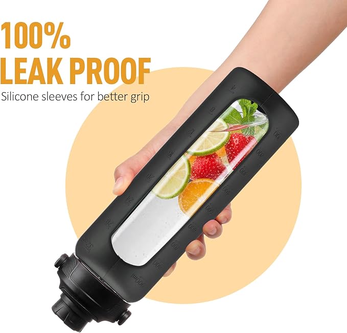 32oz Glass Water Bottle with Straw and 2 Lids- Bamboo and Spout Lid,Motivational Sports Water Bottle with Silicone Sleeve and Time Marker,Reusable for Gym, Outdoors, Black