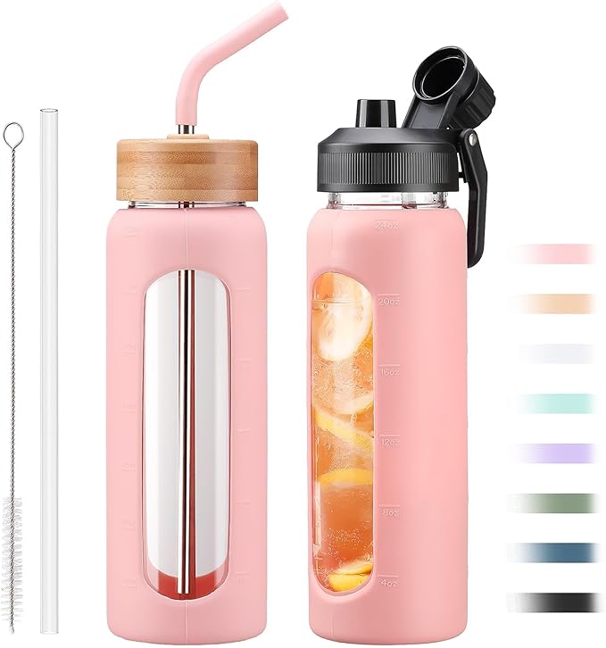 24oz Glass Water Bottle with Straw and 2 Lids-Bamboo and Spout Lid, Borosilicate Glass Water Bottle with Silicone Sleeve and Time Marker,BPA Free & Cupholder Friendly,Pink