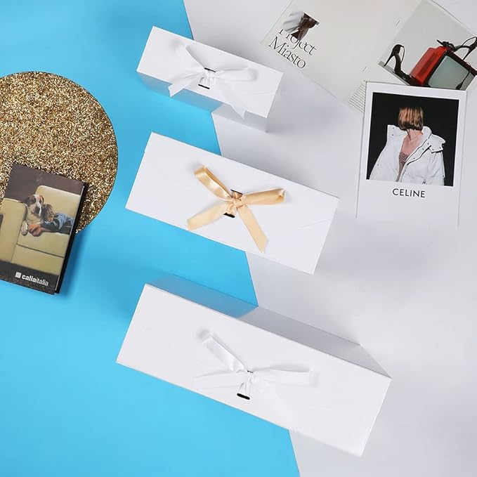 Extra Large White Gift Box 16x14x5.3 Inches With Ribbon and Lid Magnetic Closure, Groomsman Proposal Box, Rectangle Collapsible Boxes for Large Gifts (Glossy White)