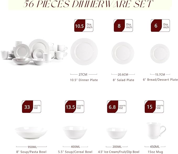 Pearl Dots Stoneware Dinnerware Set (56pc Set, White)