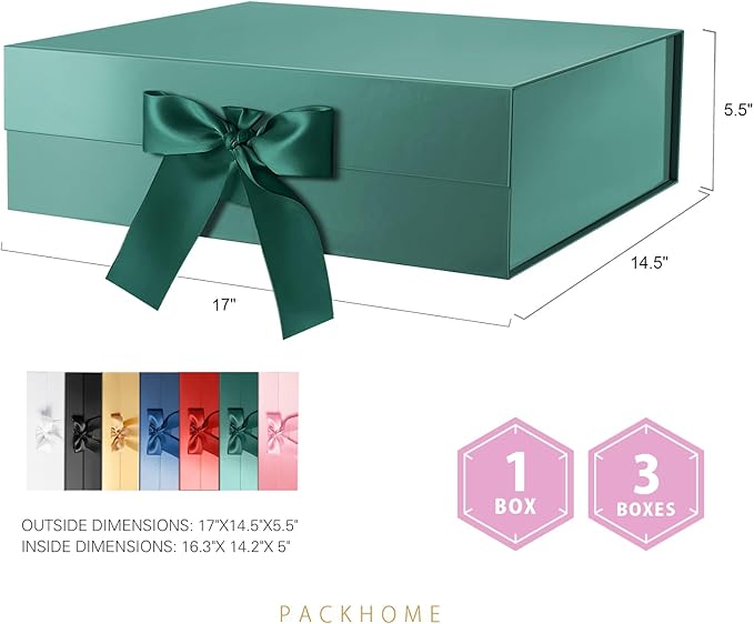 PACKHOME 17x14.5x5.5 Inches, Extra Large Gift Box with Lid, Magnetic Closure Boxes with Ribbon for Clothes and Large Gifts (Glossy Green)
