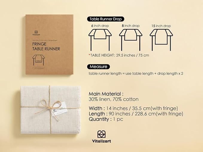 Vitalizart Beige Table Runner 14 x 90 Inches Long Slub Texture Cotton Linen Table Runner for Rustic Home Decorations Dining Room Wedding Decor Reception Bridal Shower Thanksgiving Christmas