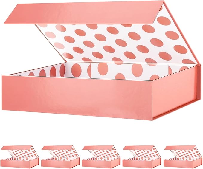 GREEN BEAN 6 Gift Boxes 11x7.8x2.3 Inches, Gift Box Rose Gold Gift Boxes with Lids, Magnetic Gift Boxes, Shirt Gift Boxes for Clothes (Glossy Metallic Rose Gold, Polka Dot Design Inside)