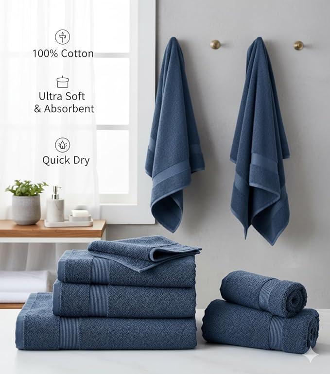 BIOLINEN Navy Bath Towels 24x48 inches 6 Pack | Ultra Soft, Highly Absorbent | 100% Cotton Towels for Bathroom, Gym, Spa, and Hotel Use