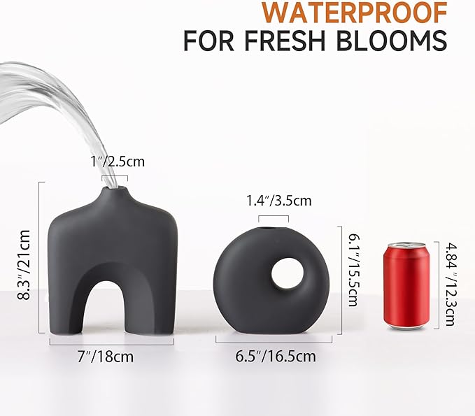 Ceramic Vase Set of 2, Modern Donut Vases for Minimalist Nordic Home Decor, Waterproof Round Vase, Decorative Centerpiece Vases for Living Room, Entryway, Bookshelf, Table Decor (Matte Black)