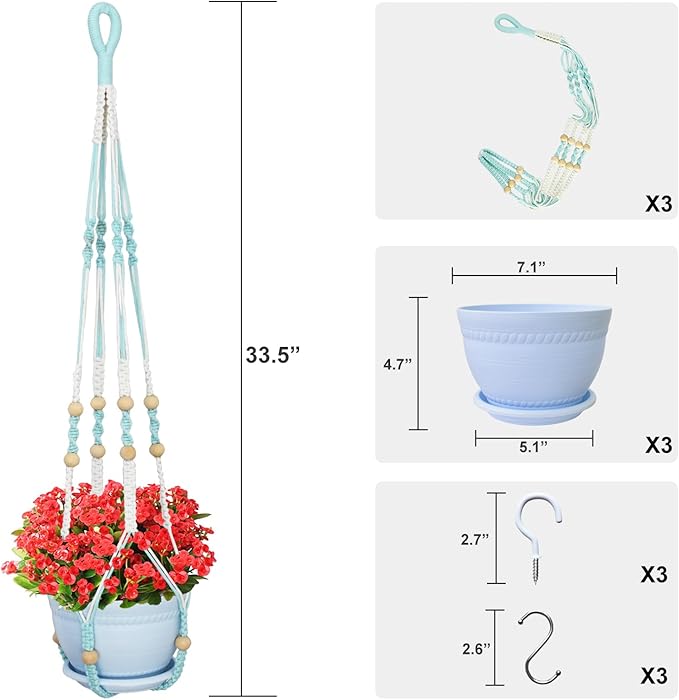 Macrame Plant Hanger with Pot, 3 Set Hanging Planters for Indoor Plants, Handmade Cotton Rope Boho Home Decor, Idea Gift for Anyone, Includes Plant Holders, Pots, Plates and Hooks (Mixed Color-2)