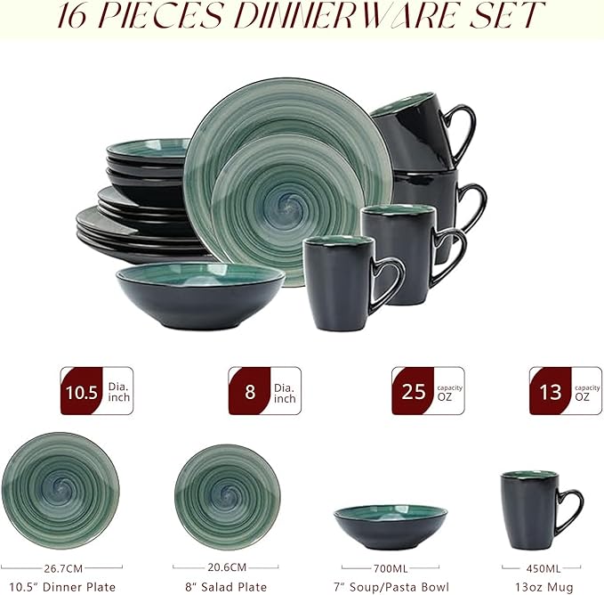 Sonoma 16 Piece Stoneware Dinner Set, Outside Black + inside Handpainted Color Blue