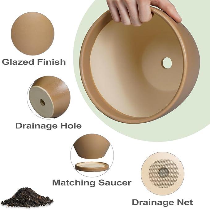 6.8 Inch Planter - Ceraimc Pots for Indoor Outdoor Plants Round Planters Modern Flower Pot with Drainage and Tray Home Garden Decor Brown