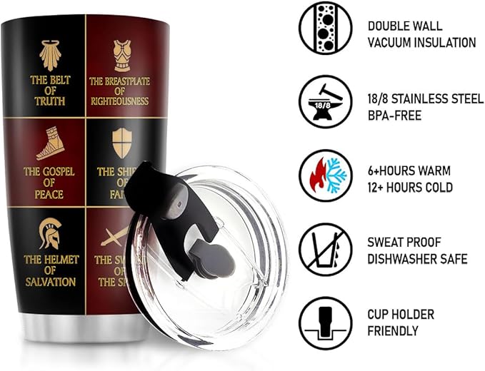 Jesuspirit Christian Gifts for Men, Women - Fathers Day, Pastor Appreciation Religious Gift For Men - Christian Coffee Mug - Armor Of God Stainless Steel Tumbler (Armor Of God, 20OZ)