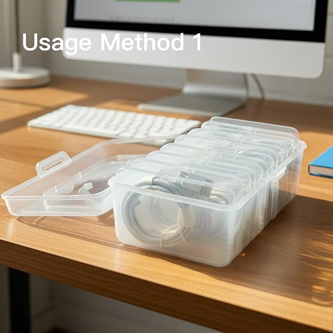Portable Cord Organizer Box with Handle, 7 Clear Cable Storage Cases and Labels, Travel Cable Holder for Charging Cords, USB Wires, Earphones – Home Desk Drawer Organizer