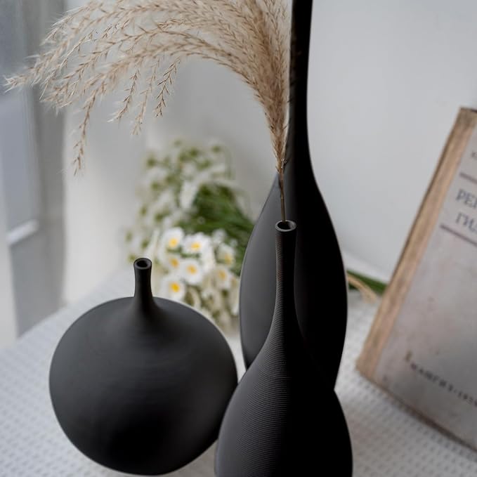 Black Ceramic Vase Modern Boho Wabi-Sabi Flower Vase Set of 3 Decorative Aesthetic Vases for Centerpieces Matte Minimalist Vases for Living Room Table Shelf Home Decor Gift
