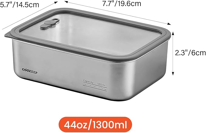 44oz Stainless steel food storage containers With lids，stainless steel snack containers，stainless steel lunch box，Easy Clean,Airtight & Leakproof for kitchen storage，Dishwasher safe（44oz/1300ml）